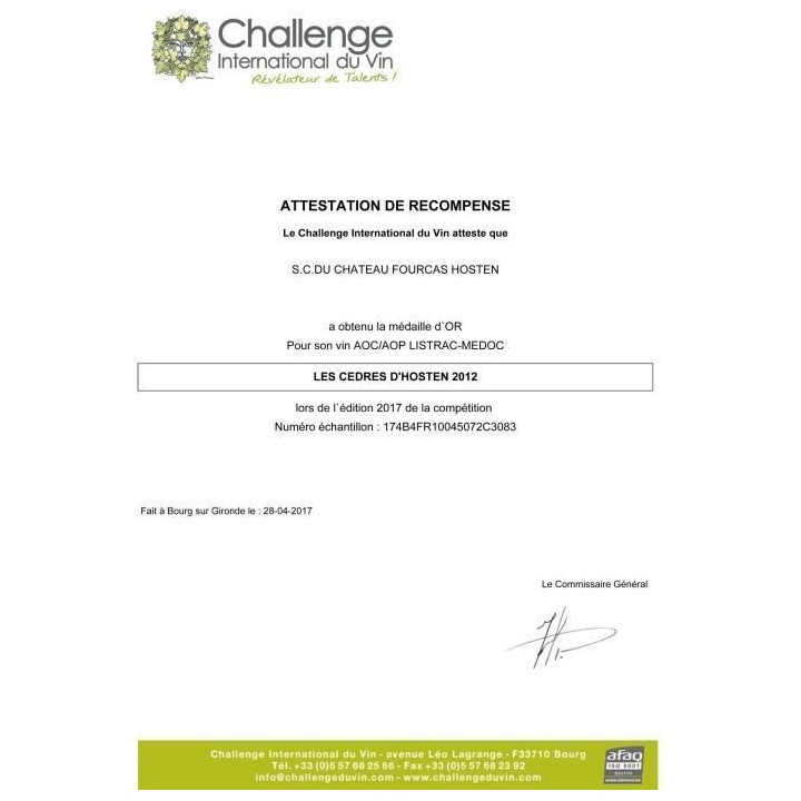 Les Cedres d'Hosten 2012 Listrac Médoc - Vin rouge de Bordeaux