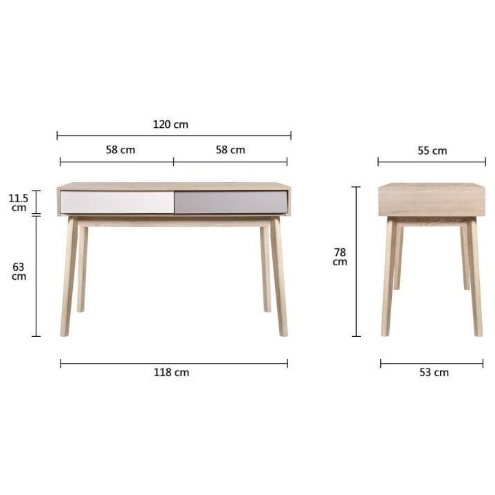 Bureau avec 2 tiroirs - Scandinave - NEW SOFIA - Chene Blanc Gris Moti