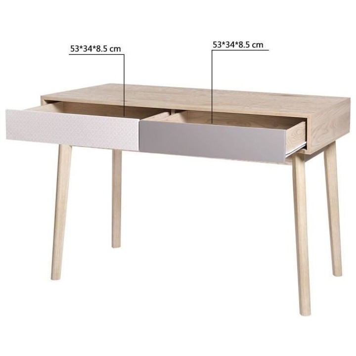 Bureau avec 2 tiroirs - Scandinave - NEW SOFIA - Chene Blanc Gris Moti