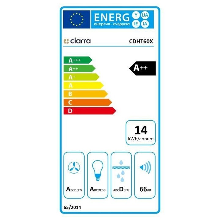 Hotte murale CIARRA CDHT60X - 60 CM - 650m3/h - INOX - A++
