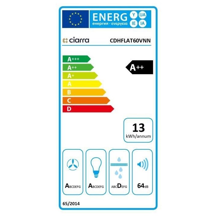 Hotte Verre CIARRA CDHFLAT60VNN - 60 CM - 700m3/h - Full Black - A++