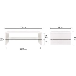 Table basse rectangulaire -MDF- Blanc laqué - Style contemporain -1 étagere en verre - 120 x 60 x 40 cm - BELLA