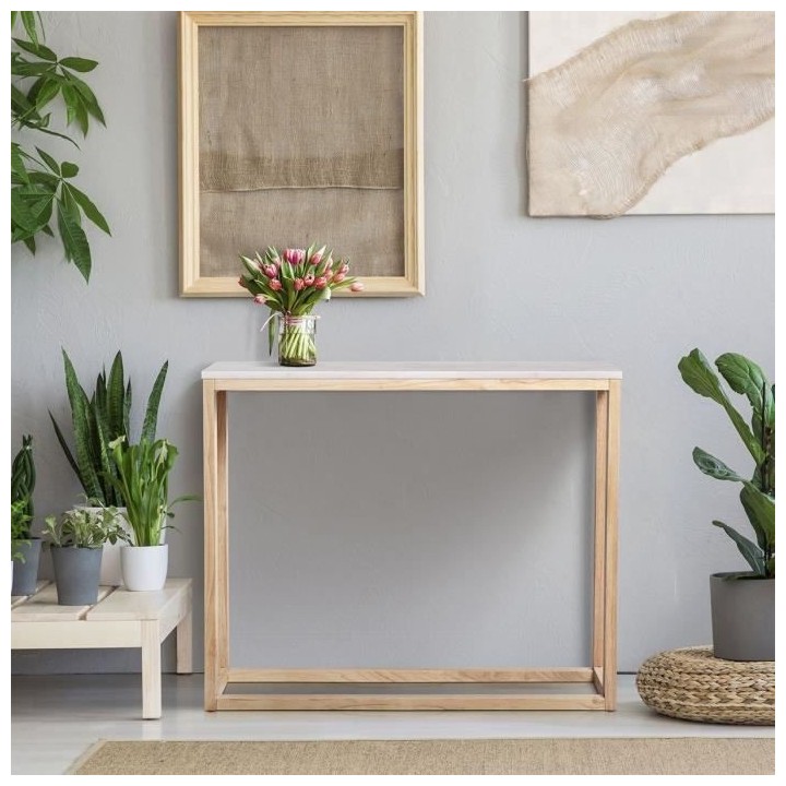 Console en marbre - Décor chene - L 90 x P 25 x H 75 cm - MIRANDA