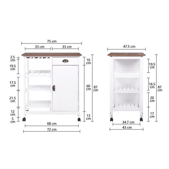 Desserte 1 porte 2 tiroirs - Laqué blanc - L 76 x P 48 x H 88 cm - IV