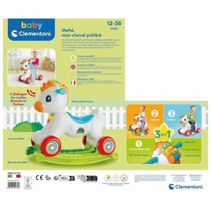 Clementoni - Cheval a bascule et a roues -Crinere avec boutons d'inter