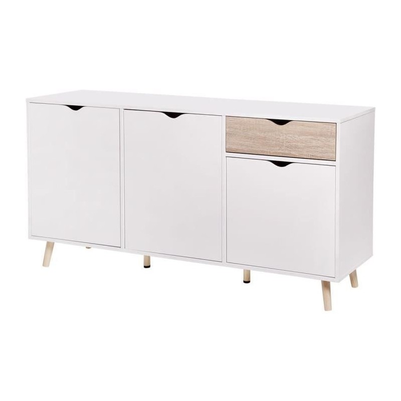 Buffet ILDA - effet bois et blanc - Style scandinave - 3 portes - L 150 x P 40 x H 75 cm