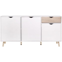 Buffet ILDA - effet bois et blanc - Style scandinave - 3 portes - L 150 x P 40 x H 75 cm