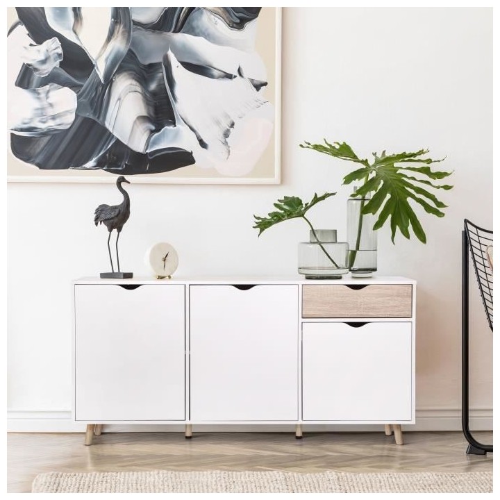 Buffet ILDA - effet bois et blanc - Style scandinave - 3 portes - L 15