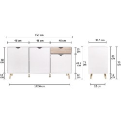 Buffet ILDA - effet bois et blanc - Style scandinave - 3 portes - L 150 x P 40 x H 75 cm