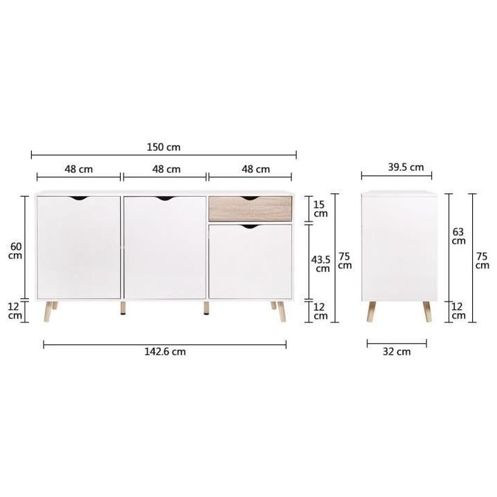 Buffet ILDA - effet bois et blanc - Style scandinave - 3 portes - L 15
