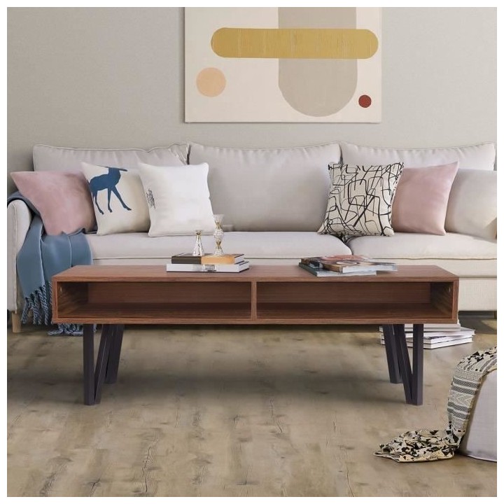 Table basse rectangulaire - Noyer et noir - Avec 2 niches de rangement