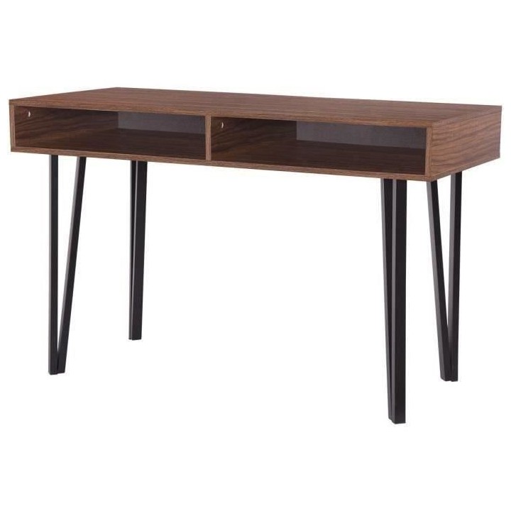 Bureau LOFTY - MDF - Décor Noyer - Pieds en métal noir - 2 Niches de