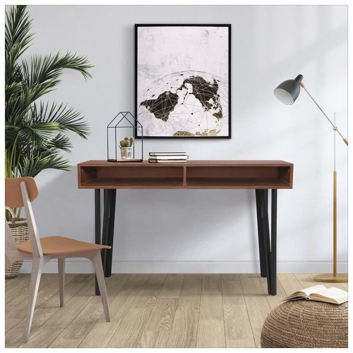 Bureau LOFTY - MDF - Décor Noyer - Pieds en métal noir - 2 Niches de