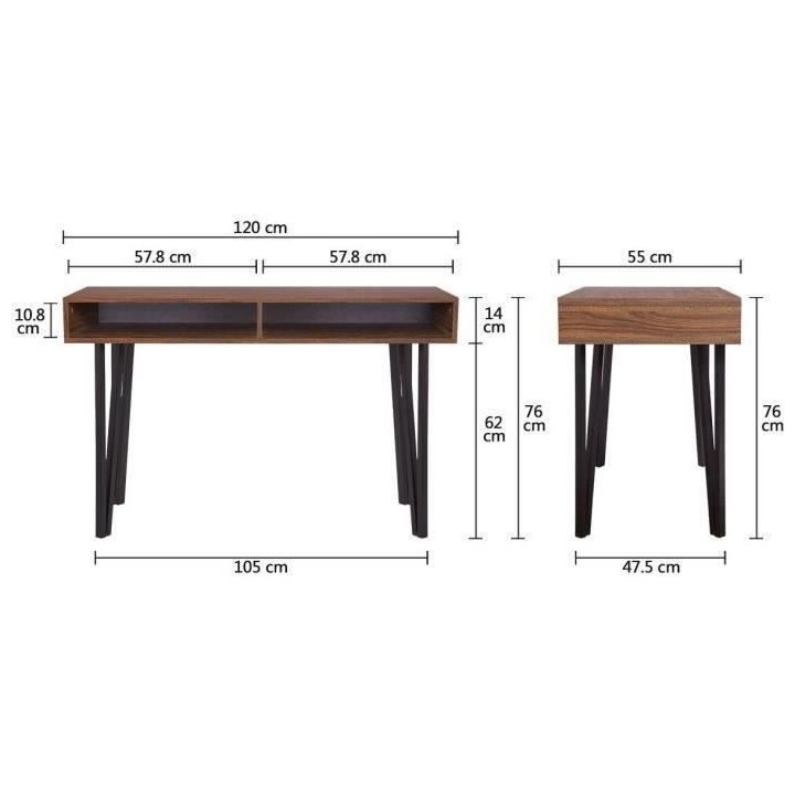 Bureau LOFTY - MDF - Décor Noyer - Pieds en métal noir - 2 Niches de