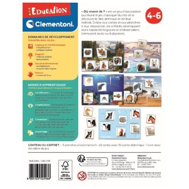 Clementoni - Jeu d'Apprentissage - Jeu de Loto - Monde des Animaux - D