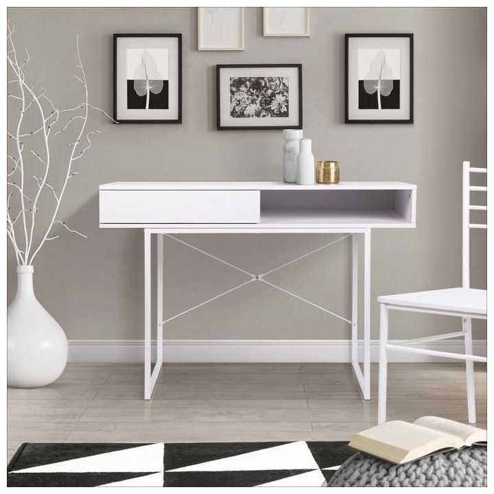 Bureau SACHA - Mélaminé - Blanc - 1 Tiroir - L 110 x P 50 x H 77 cm