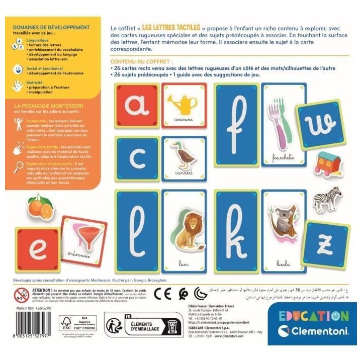 Montessori - Clementoni - Les lettres tactiles - Jeu éducatif pour ap