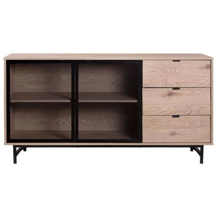 Buffet - Chene clair et métal noir - Industriel - 2 portes et 3 tiroi