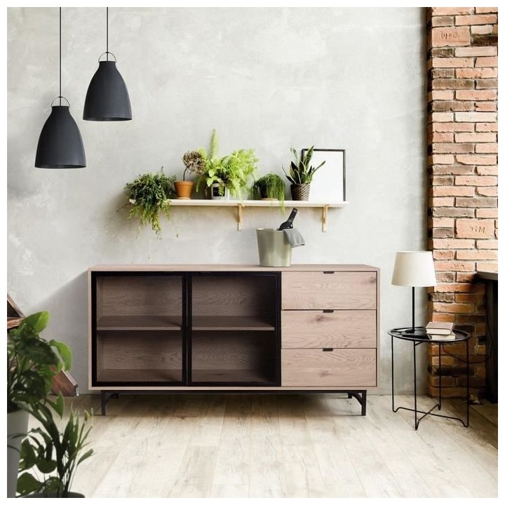 Buffet - Chene clair et métal noir - Industriel - 2 portes et 3 tiroi
