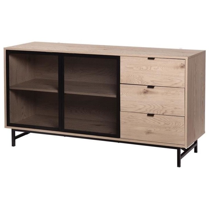 Buffet - Chene clair et métal noir - Industriel - 2 portes et 3 tiroi