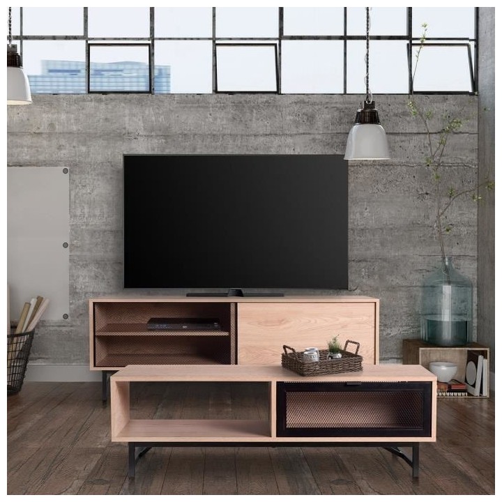 Table basse avec 2 tiroirs - Noir et chene - 110 x 60 x 34 cm - VENTUR