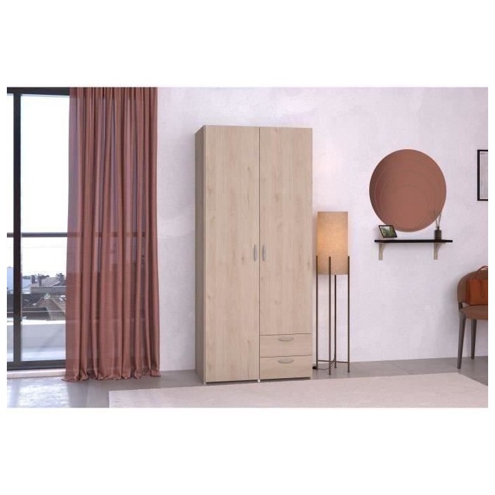 Armoire VARIA - Décor chene et blanc - 2 portes - 2 tiroirs - 80,7 x
