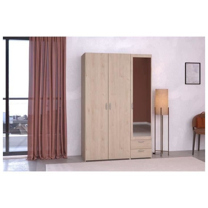 Armoire VARIA - Décor chene et blanc - 3 portes - 2 tiroirs - Porte d