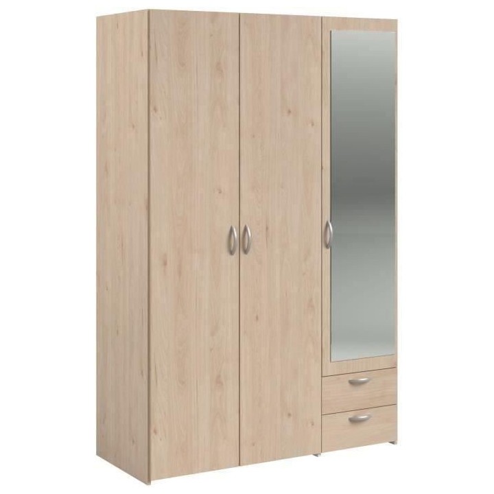 Armoire VARIA - Décor chene et blanc - 3 portes - 2 tiroirs - Porte d