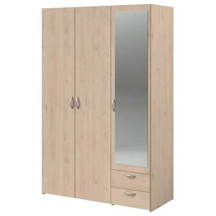 Armoire VARIA - Décor chene et blanc - 3 portes - 2 tiroirs - Porte d