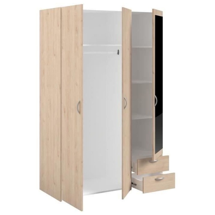 Armoire VARIA - Décor chene et blanc - 3 portes - 2 tiroirs - Porte d