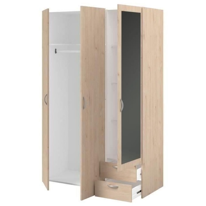 Armoire VARIA - Décor chene et blanc - 3 portes - 2 tiroirs - Porte d