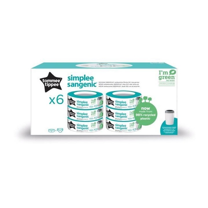 TOMMEE TIPPEE Lot de 6 Recharges Poubelle a Couches Simplee, Protectio