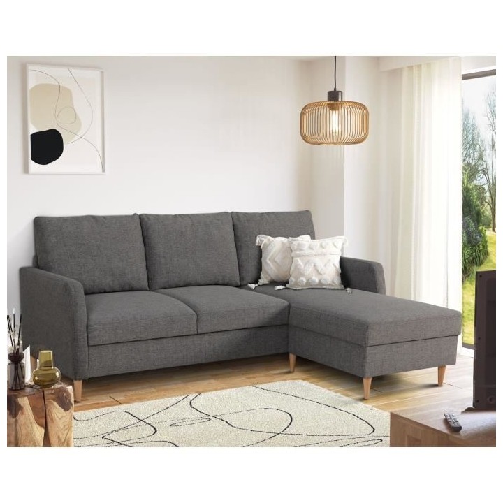 Canapé d'angle fixe 3 places CHIPY - Tissu anthracite - Réversible -