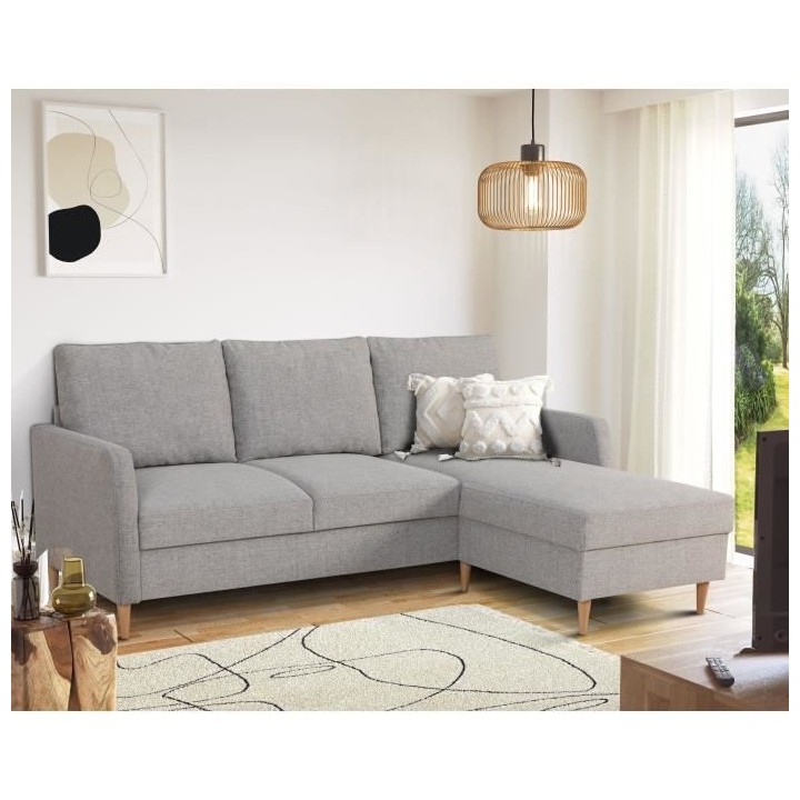 Canapé d'angle fixe 3 places CHIPY - Tissu gris souris - Réversible