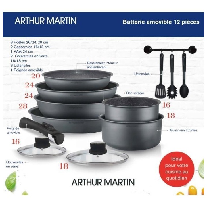 Batterie de cuisine Arthur Martin AM268GM 12 pieces - Aluminium - Poig