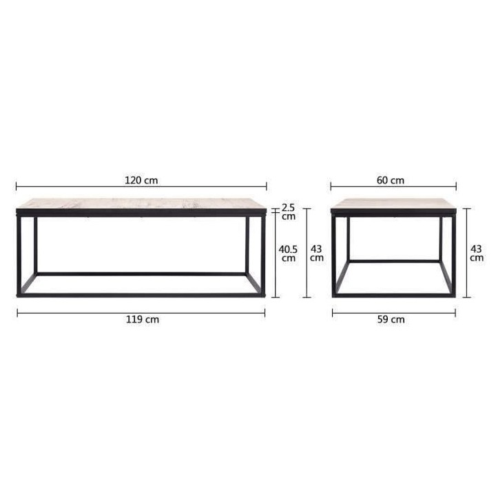 Table basse rectangulaire - effet vintage vielli - pieds métal noir -