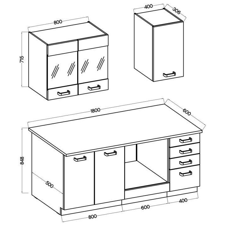 ATLAS Cuisine complete 5 éléments - Décor blanc - L180 cm - Plan de