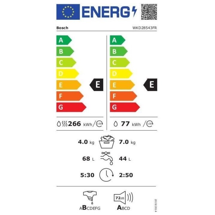 Lave-linge séchant intégrable BOSCH WKD28543FR SER6 - 7 kg / 4 kg -