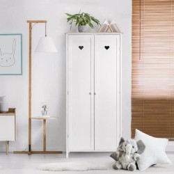 Armoire enfant HARO - MDF et pin massif - Décor chene et laqué blanc - 2 portes - L80 x P50 x H180 cm