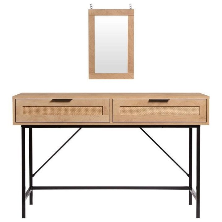 Coiffeuse RUSSELL - Avec miroir - 2 tiroirs - Maille rotin et chene -