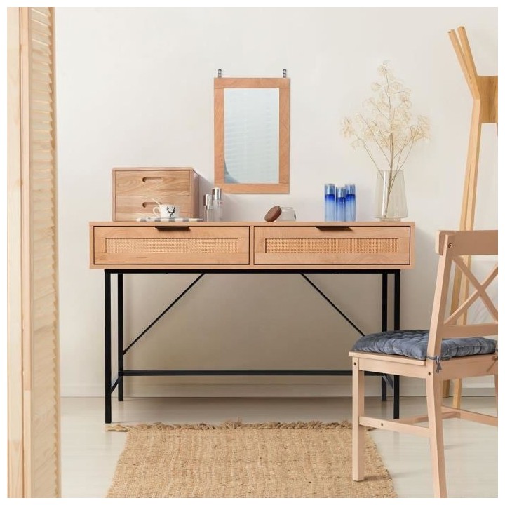 Coiffeuse RUSSELL - Avec miroir - 2 tiroirs - Maille rotin et chene -