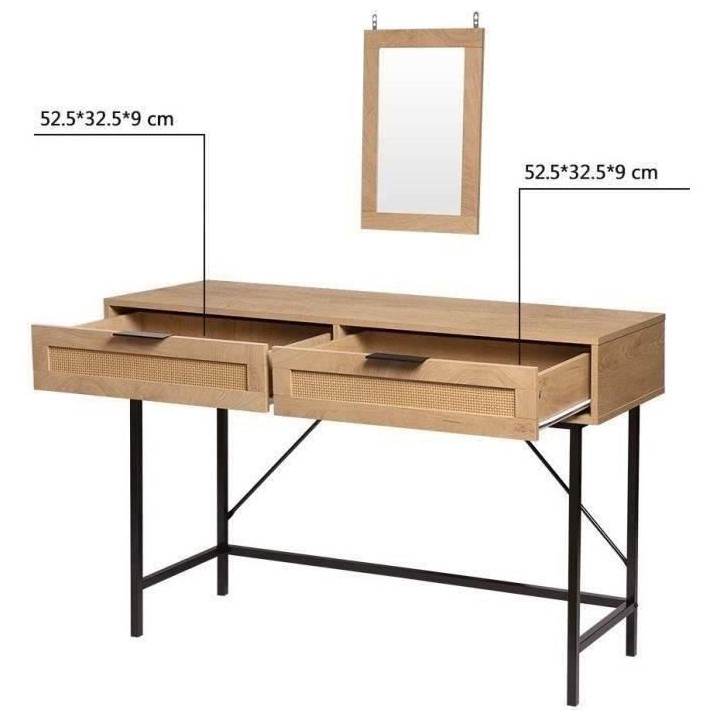 Coiffeuse RUSSELL - Avec miroir - 2 tiroirs - Maille rotin et chene -