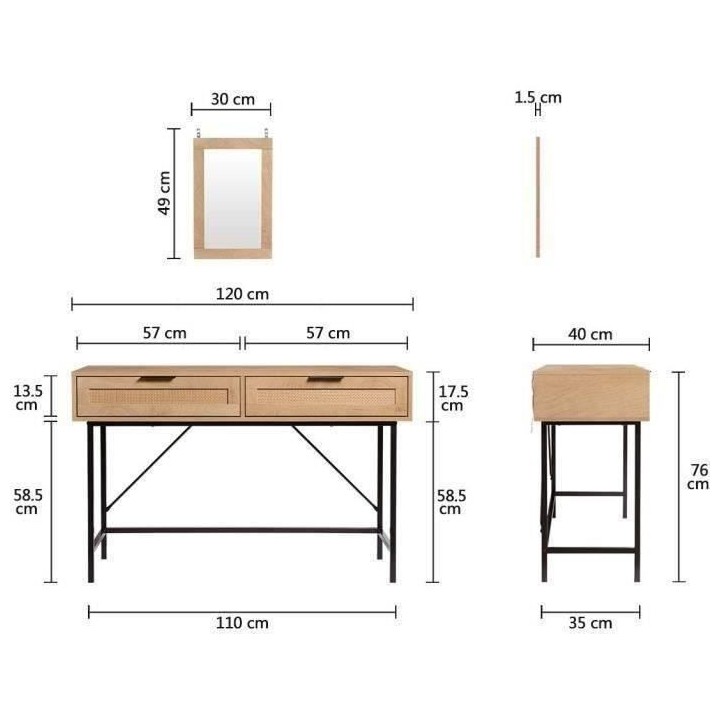 Coiffeuse RUSSELL - Avec miroir - 2 tiroirs - Maille rotin et chene -