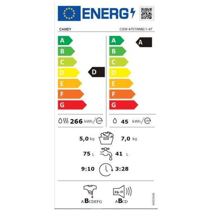 Lave-linge séchant CANDY CSW 475TWME/1-47 - 7 / 5kg - Induction - 140