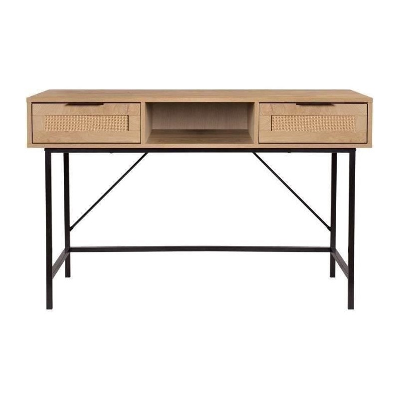 Bureau console Droit 2 tiroirs + 1 niche - MDF - Maille rotin et chene - Pieds en métal noir - L120 x P55 x H75 cm - RUSSELL