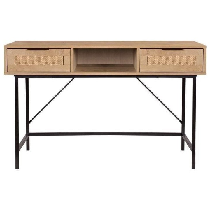 Bureau console Droit 2 tiroirs + 1 niche - MDF - Maille rotin et chene