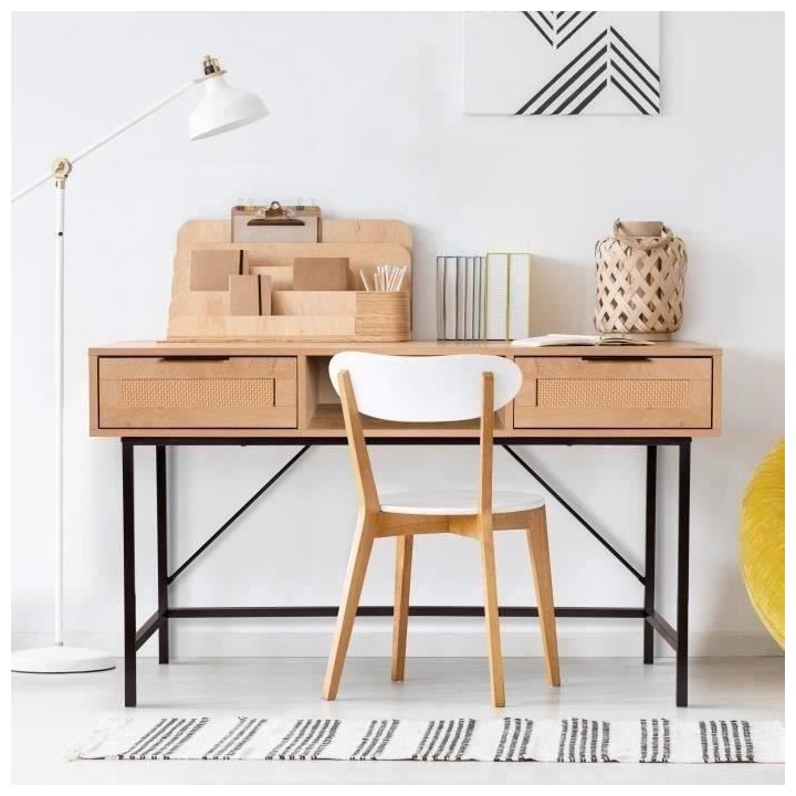 Bureau console Droit 2 tiroirs + 1 niche - MDF - Maille rotin et chene