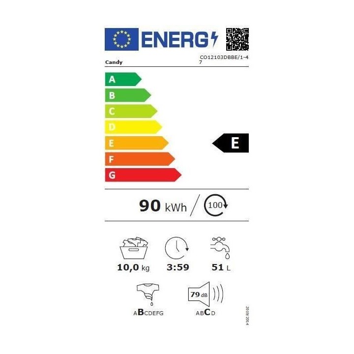 Lave-linge hublot CANDY CO12103DBBE/1-47 - 10 kg - Induction - 1200trs
