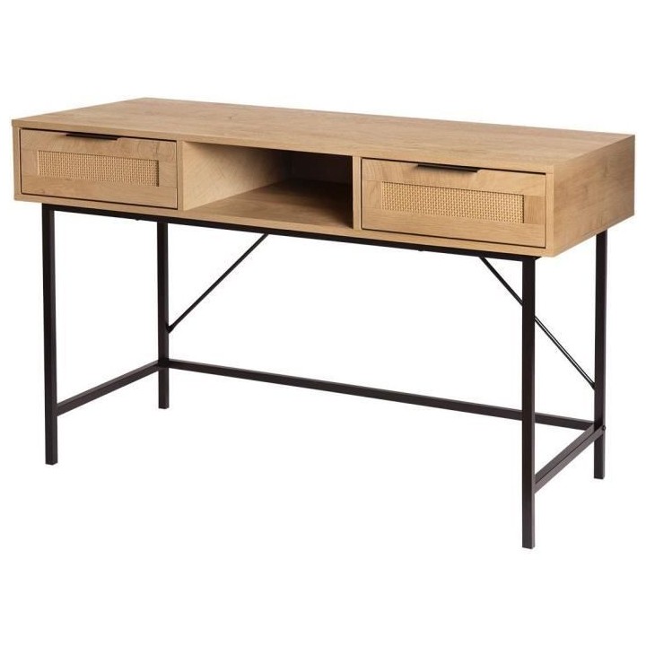 Bureau console Droit 2 tiroirs + 1 niche - MDF - Maille rotin et chene