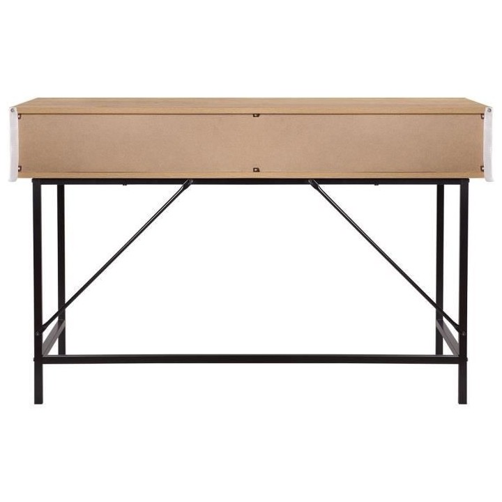 Bureau console Droit 2 tiroirs + 1 niche - MDF - Maille rotin et chene
